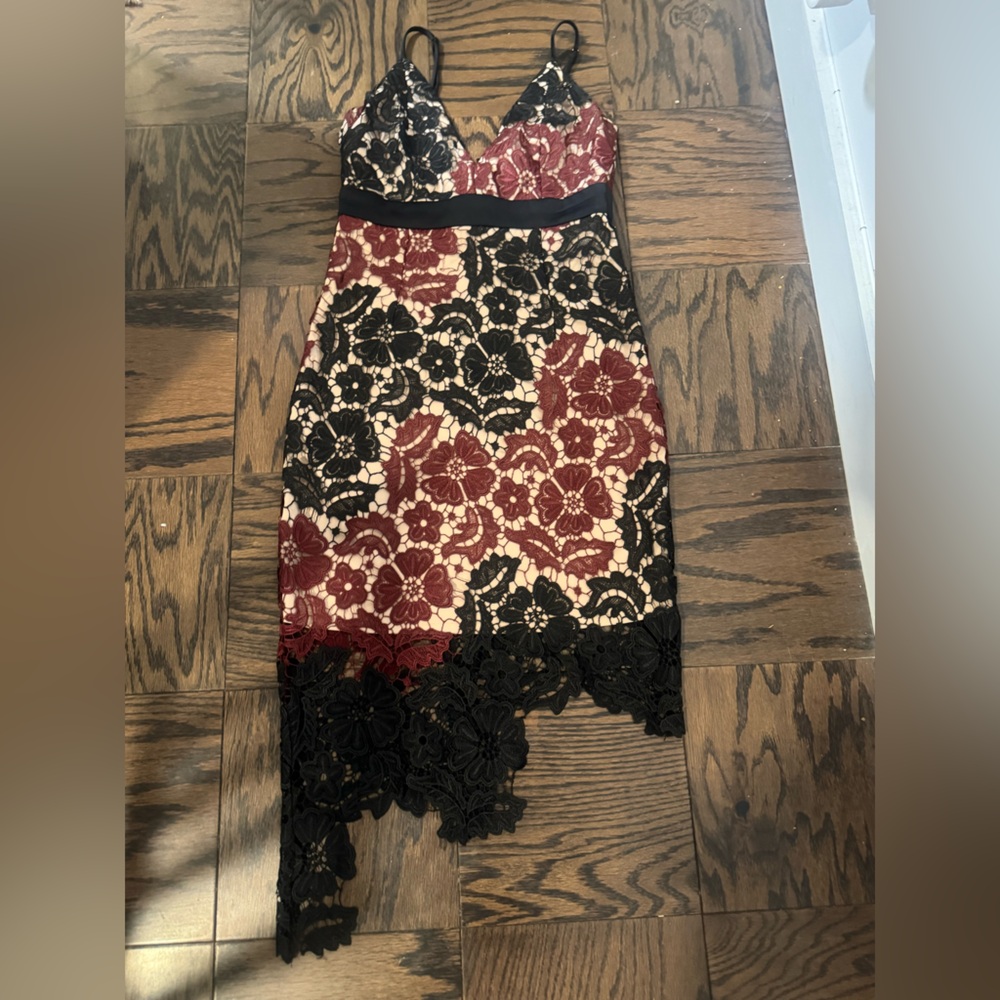 Bardot Black and Red Lace Midi Dress